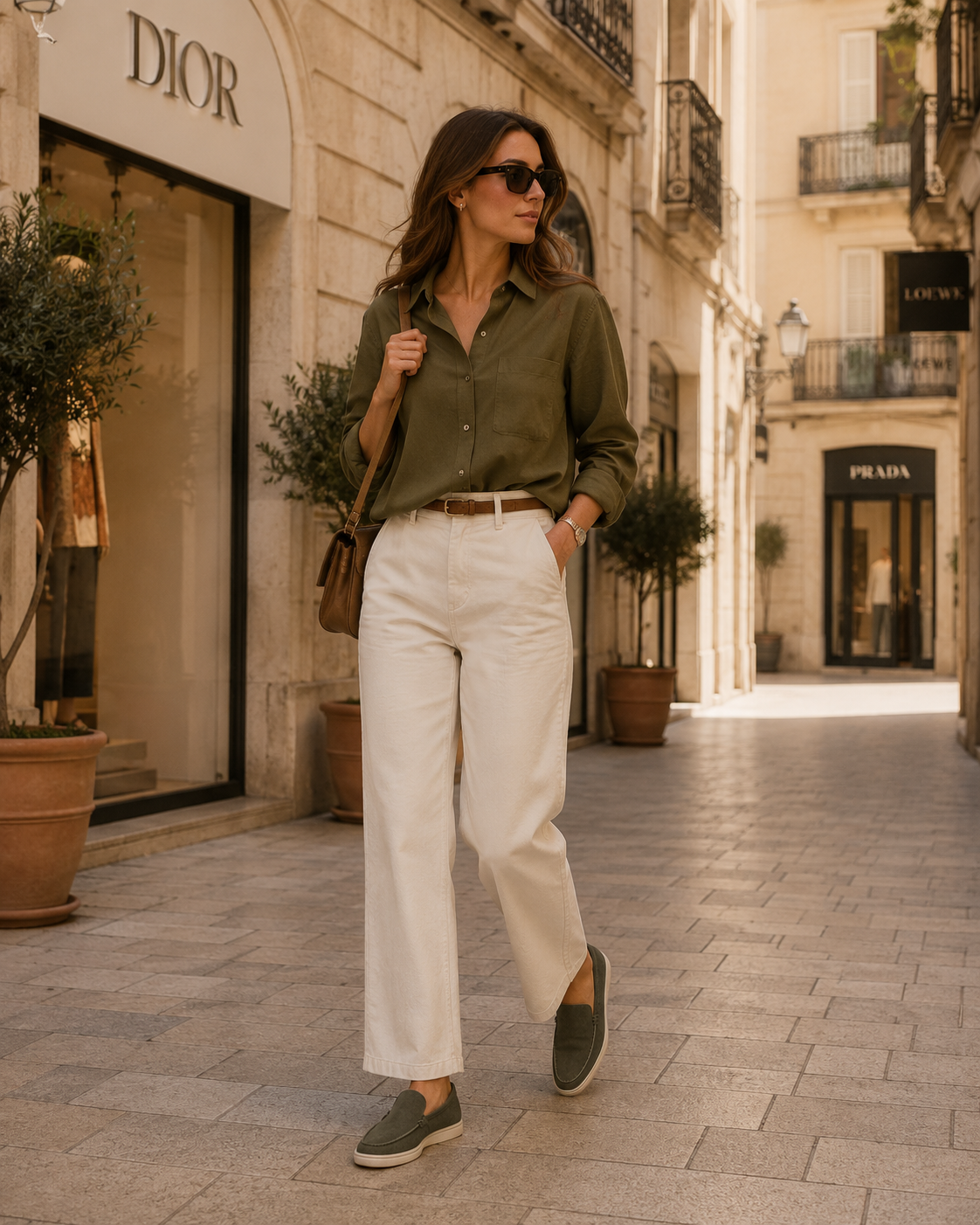 Lady Army Green Cowhide Slip-On Loafers