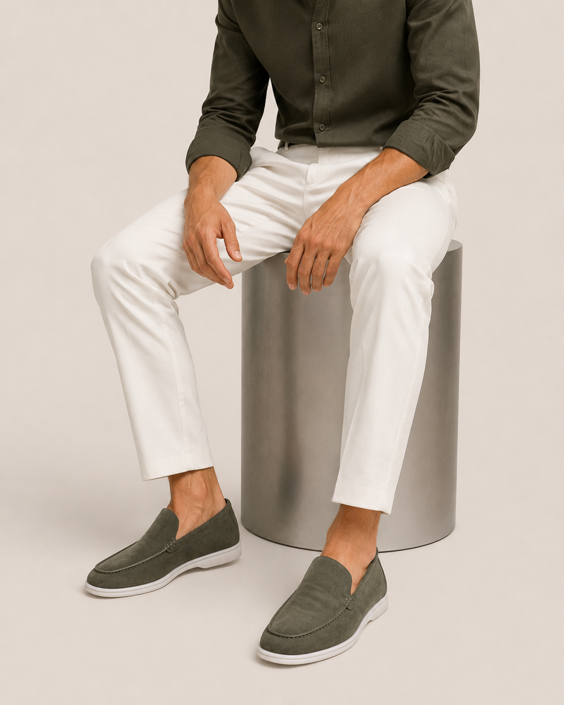 Army Green Cowhide Slip-On Loafers