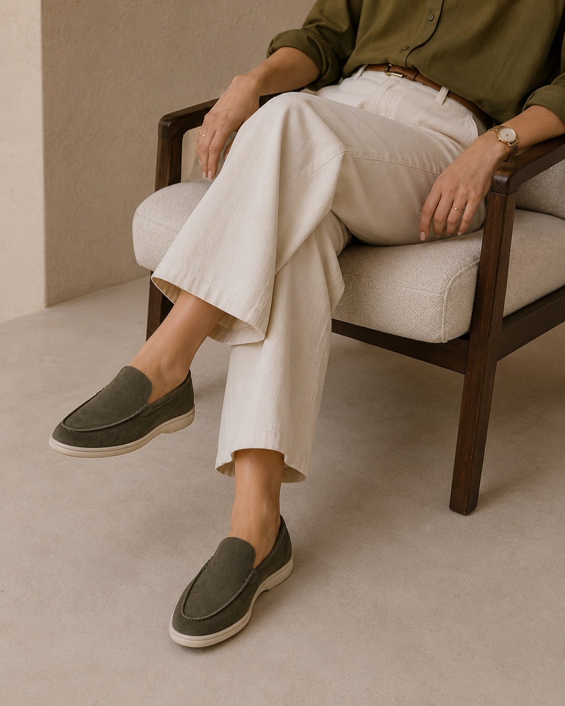 Lady Army Green Cowhide Slip-On Loafers