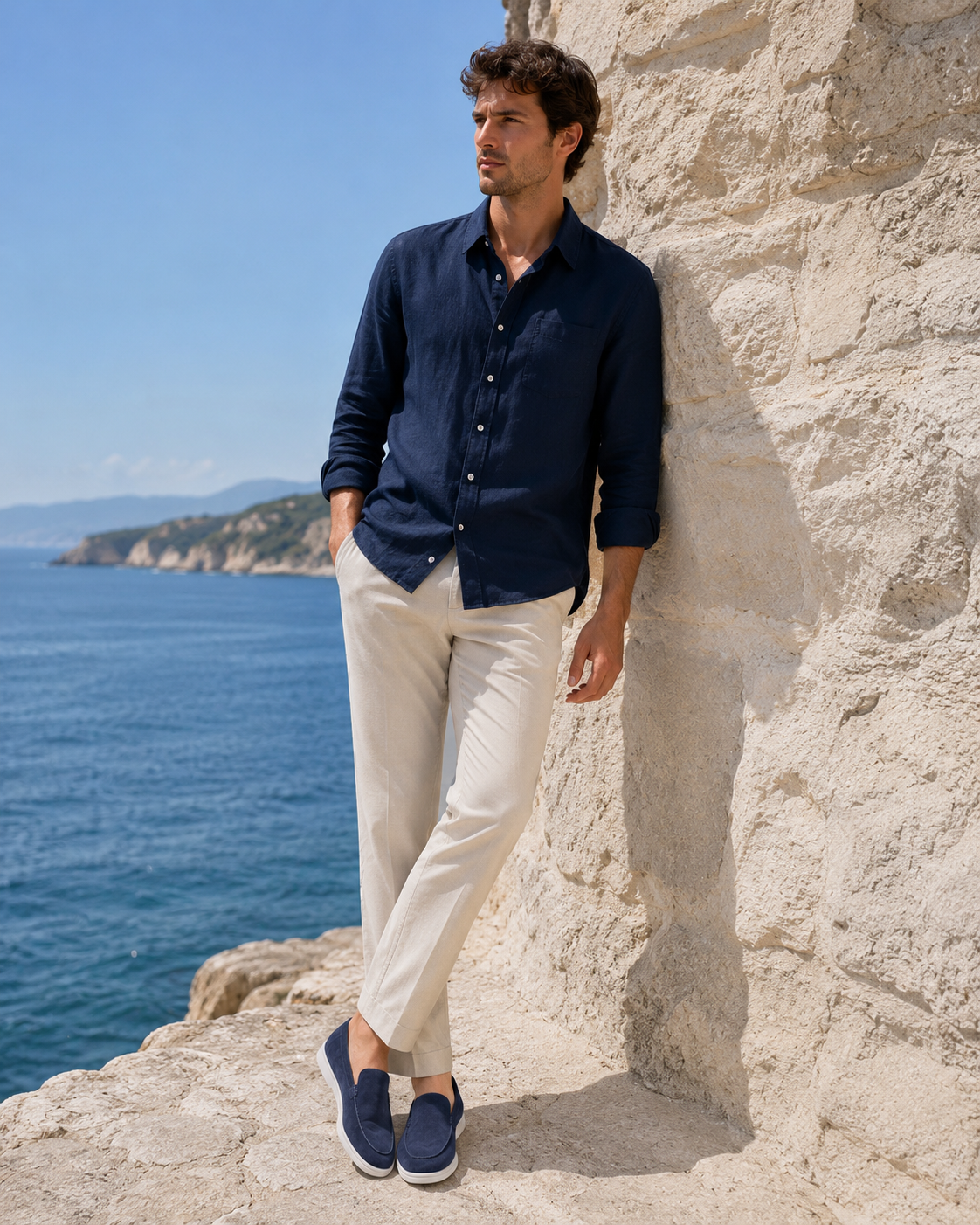 Navy Blue Cowhide Slip-On Loafers